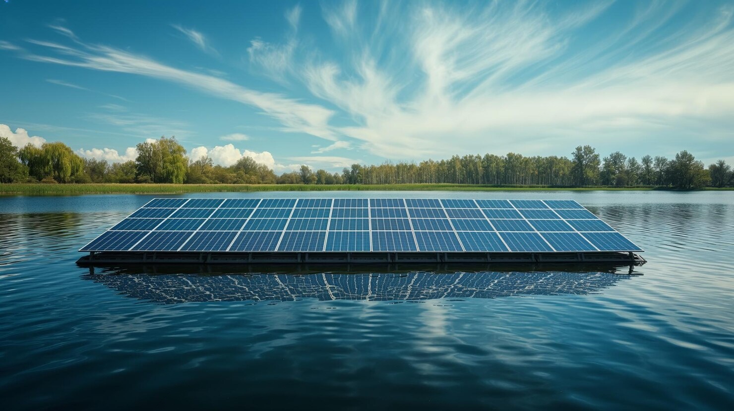 Floating solar photovoltaic FPV installation on reservoir